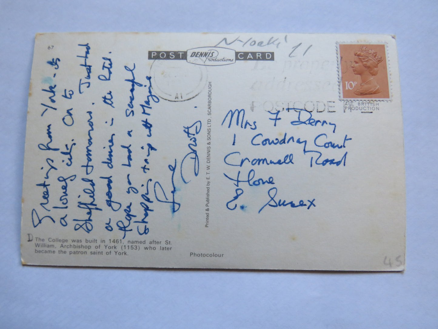 Vintage Postcard of St. Williams College, York