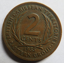 Load image into Gallery viewer, 1955 Queen Elizabeth II British Caribbean Territories Eastern Group 2 Cents Coin
