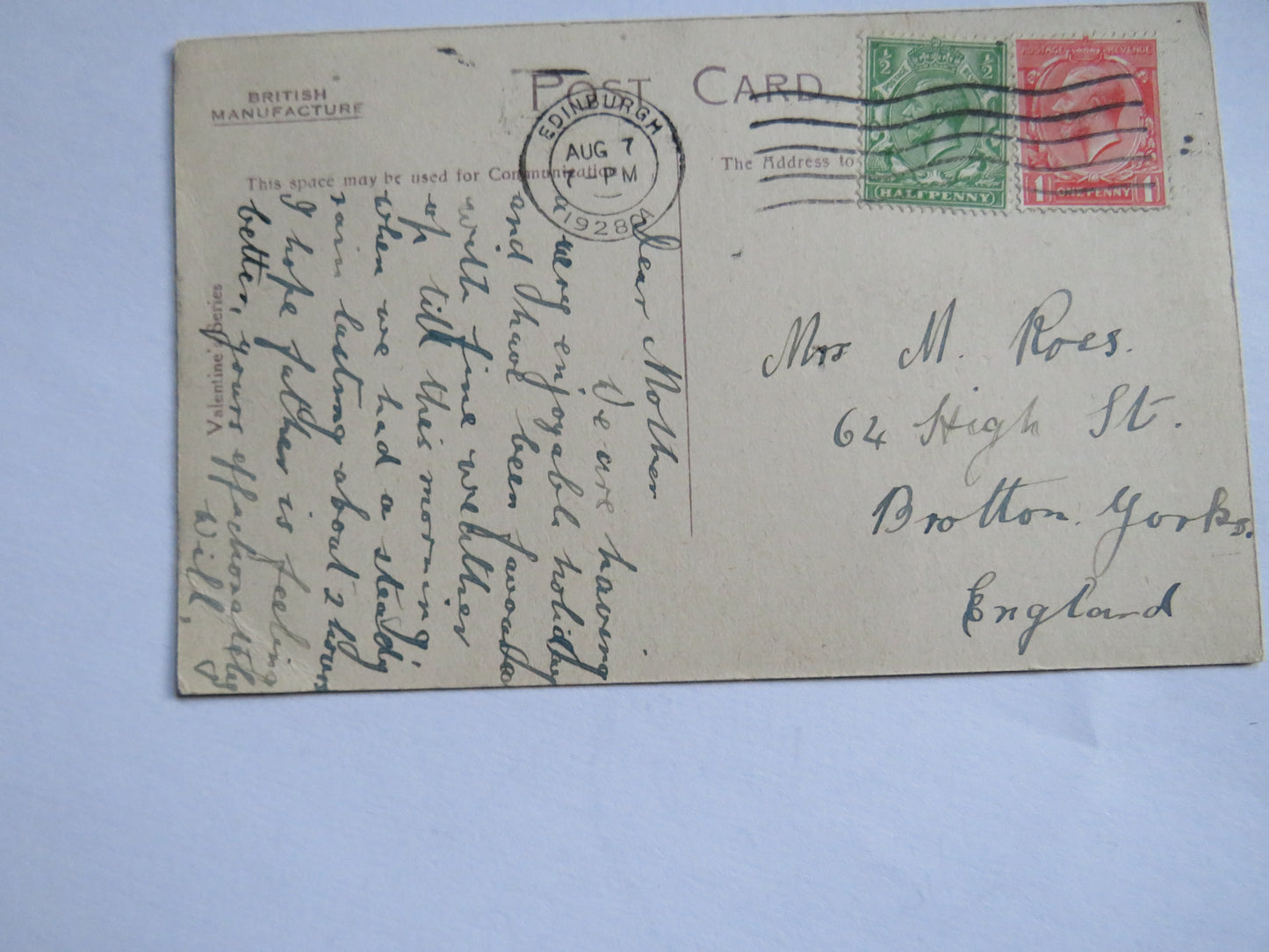 Vintage Postcard of Edinburgh From The Castle 1928 Douglas Tartan