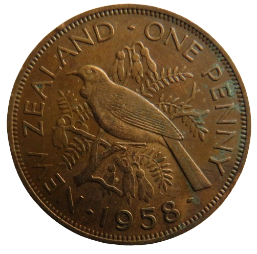1958 Queen Elizabeth II New Zealand One Penny Coin