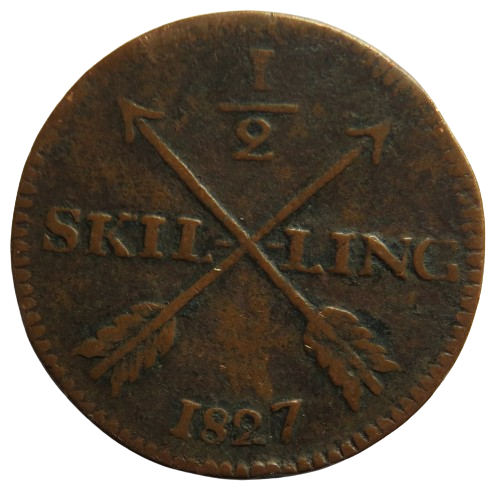 1827 Sweden 1/2 Skilling Coin