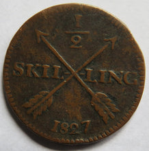 Load image into Gallery viewer, 1827 Sweden 1/2 Skilling Coin
