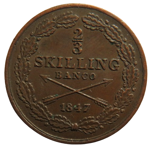 1847 Sweden 2/3 Skilling Coin