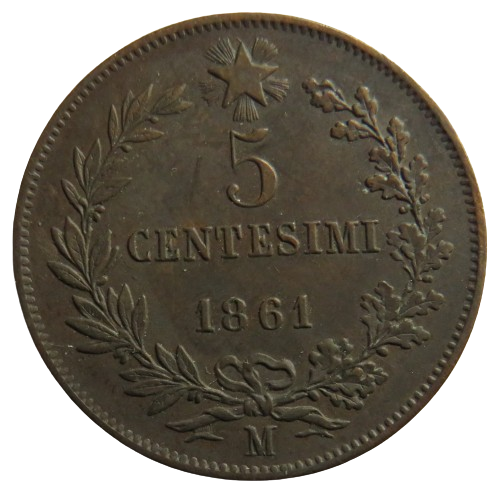 1861-M Italy 5 Centesimi Coin In Excellent Condition