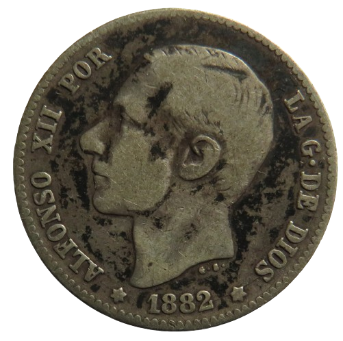 1882 Spain Silver One Peseta Coin