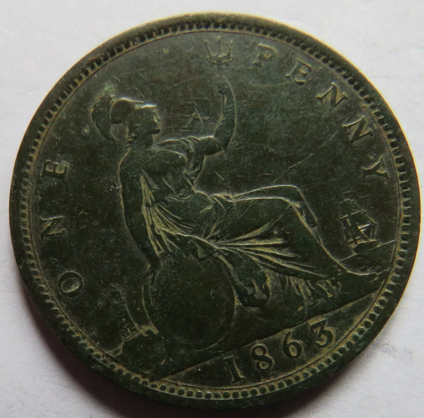 1863 Queen Victoria Bun Head One Penny Coin - Great Britain