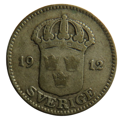 1912 Sweden Silver 25 Ore Coin
