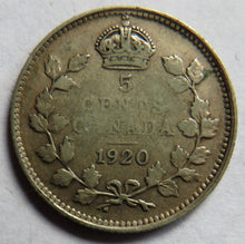 Load image into Gallery viewer, 1920 King George V Canada Silver 5 Cents Coin
