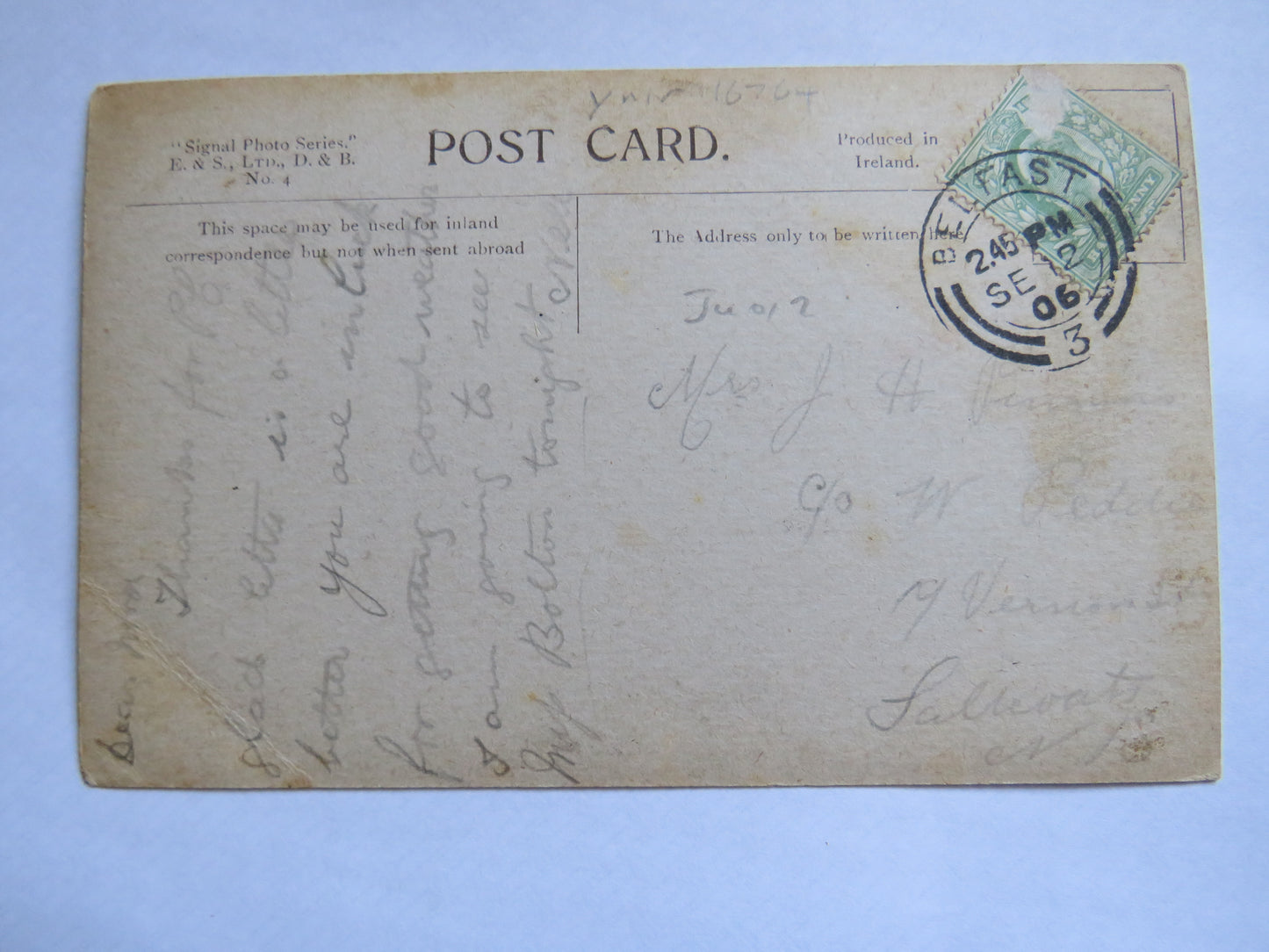 Vintage Postcard of Greetings from Belfast, Head of Stairway, City Hall, Belfast, 1906