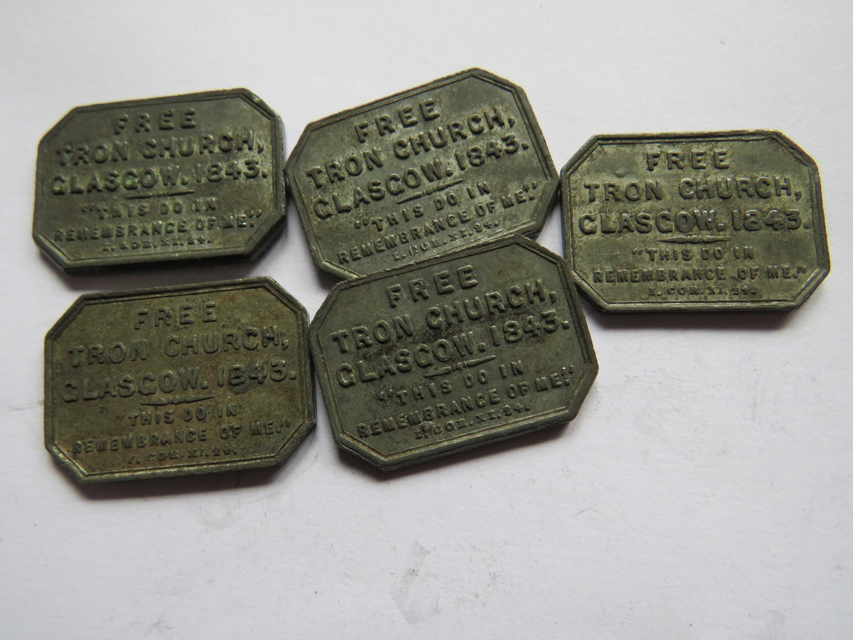 5 x 1843 Free Tron Church Glasgow Scottish Communion Tokens