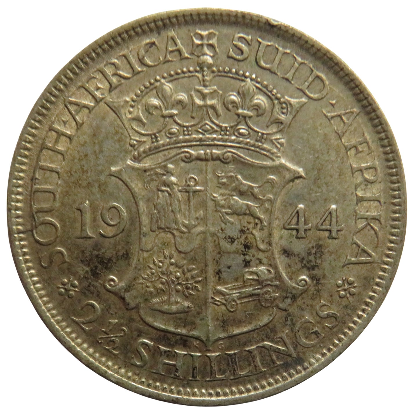 1944 King George VI South Africa Silver 2 & 1/2 Shillings Coin