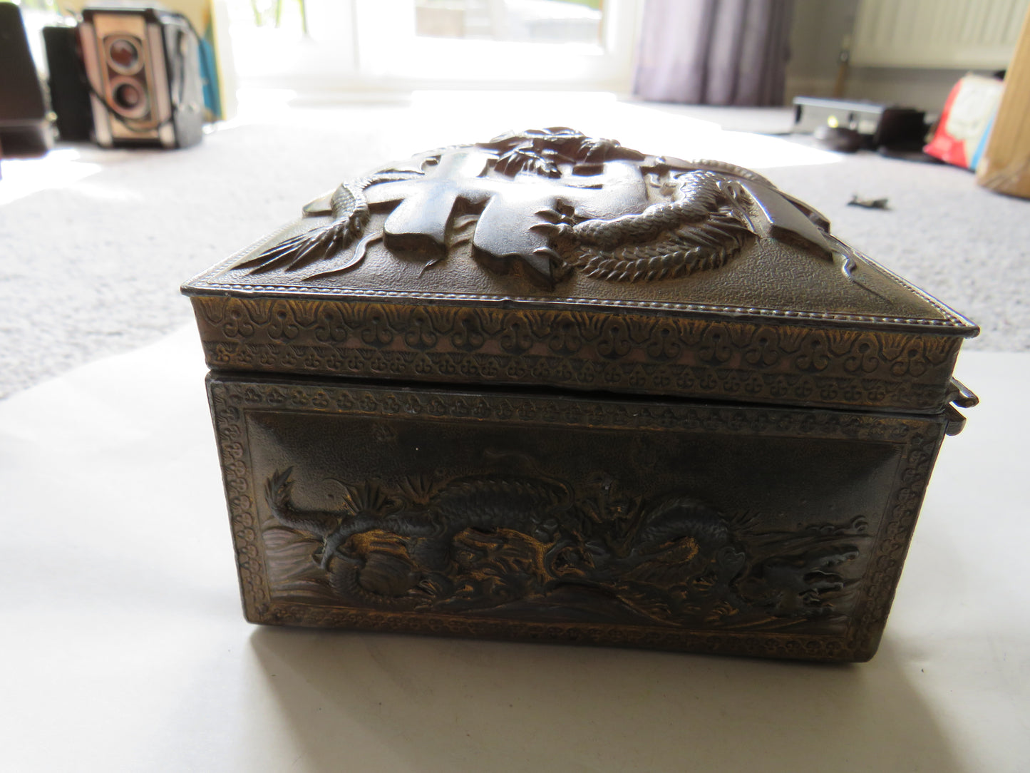 Antique Japanese Metal Box With Dragon Design