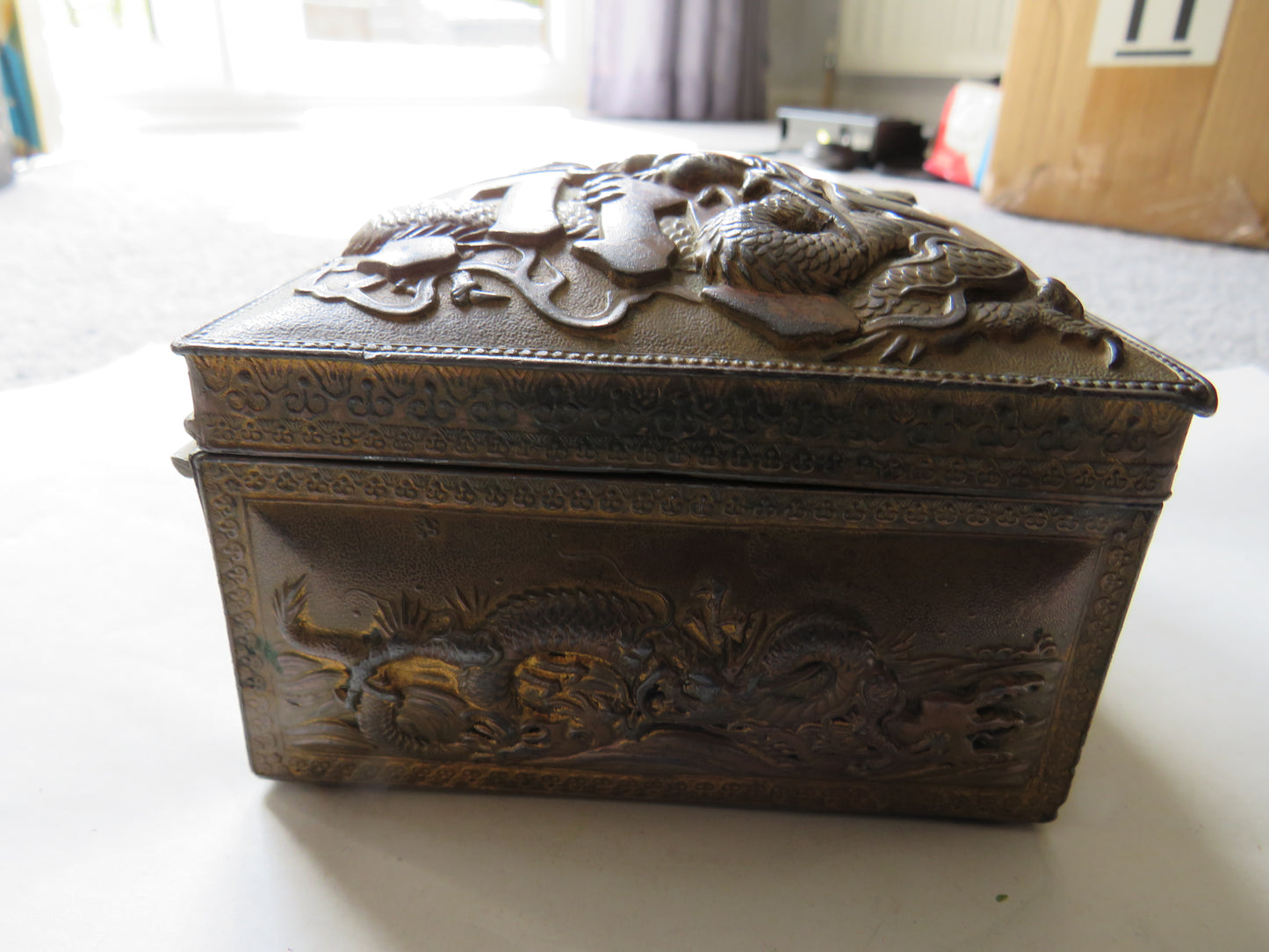 Antique Japanese Metal Box With Dragon Design