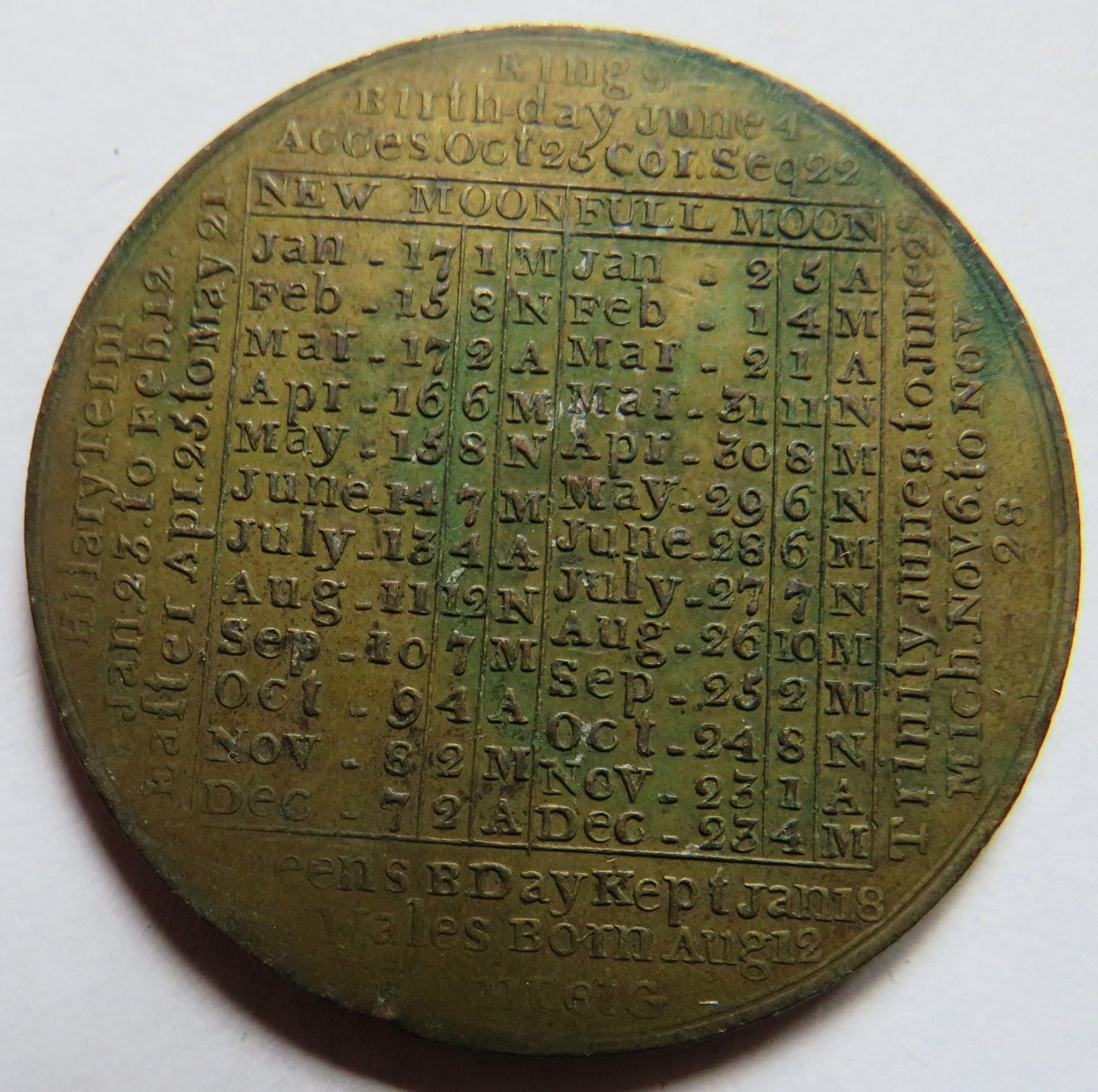 1798 Georgian Calendar Medal Whit Sunday, Trinity Sunday etc.