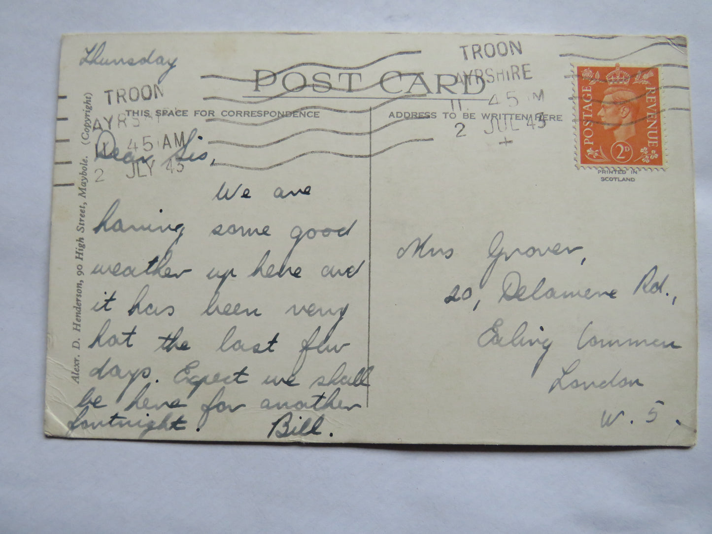 Vintage Postcard of Burns Statue Square, Ayr 1943