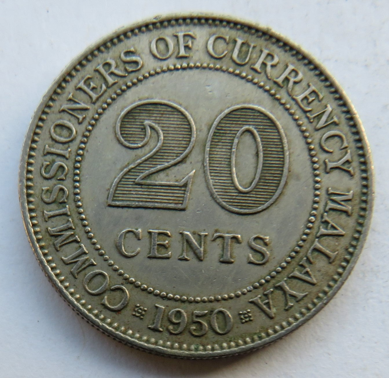 1950 King George VI Commissioners of Currency Malaya 20 Cents Coin