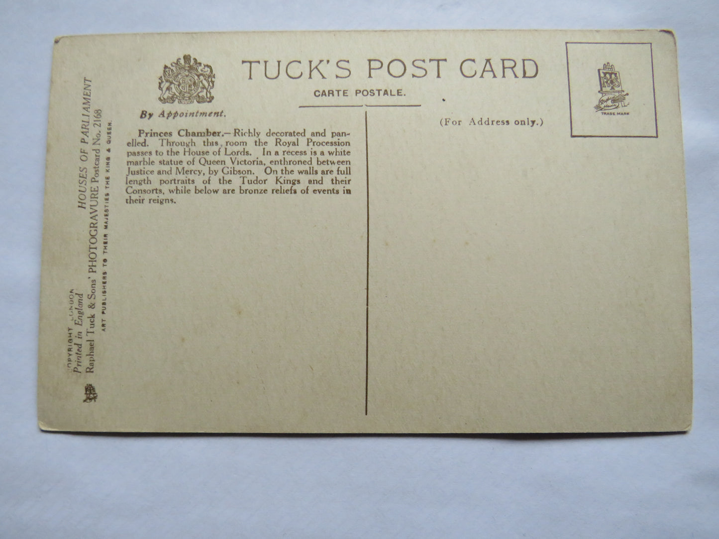 Vintage Postcard of The Houses of Parliament, Princes Chamber