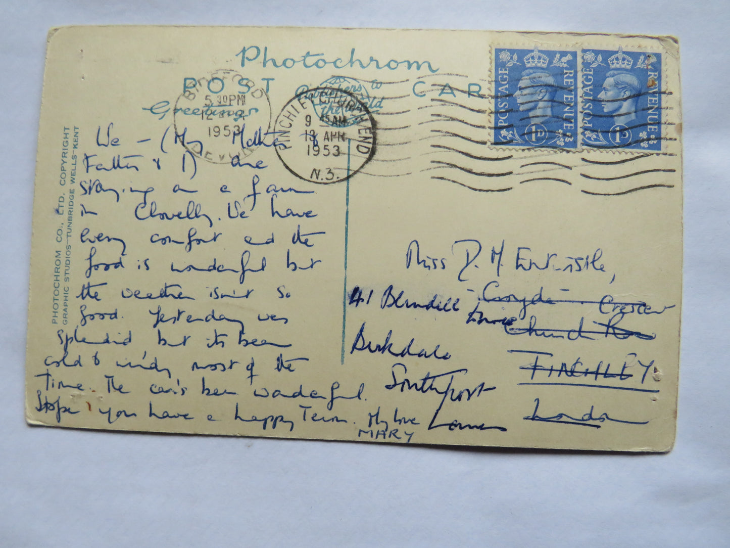 Vintage Postcard of Clovelly From Beach 1953