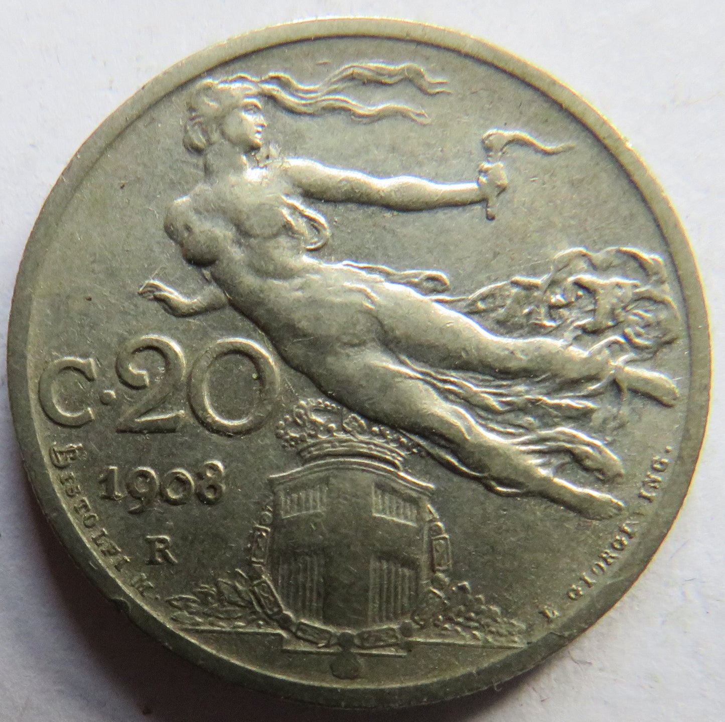 1908 Italy 20 Centesimi Coin