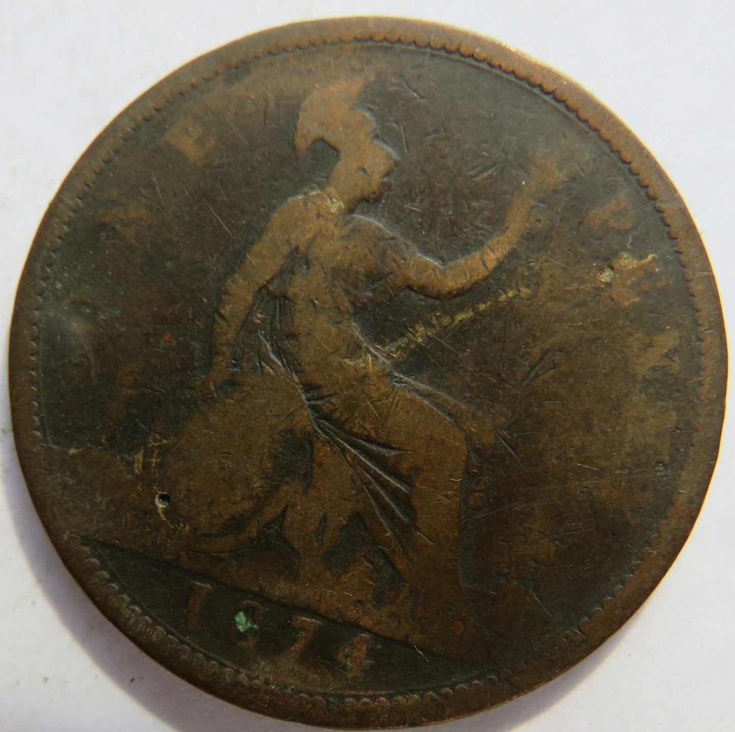 1874 Queen Victoria Bun Head One Penny Coin Great Britain