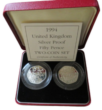 Load image into Gallery viewer, 1994 United Kingdom Silver Proof Fifty Pence 2 Coin Set EEC 50p
