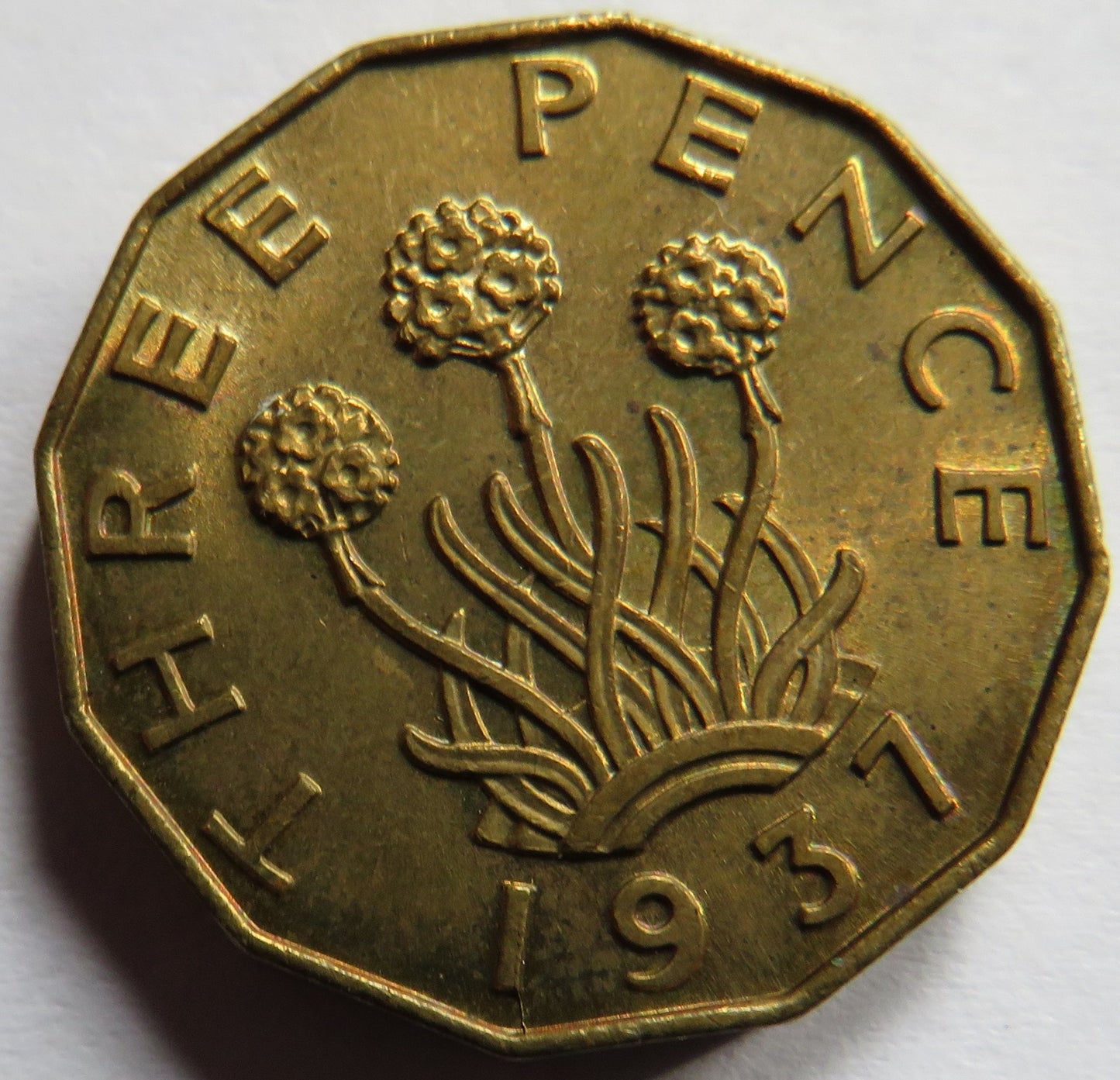 1937 King George VI Brass Threepence Coin In High Grade