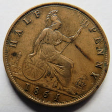 Load image into Gallery viewer, 1861 Queen Victoria Bun Head Halfpenny Coin - Great Britain

