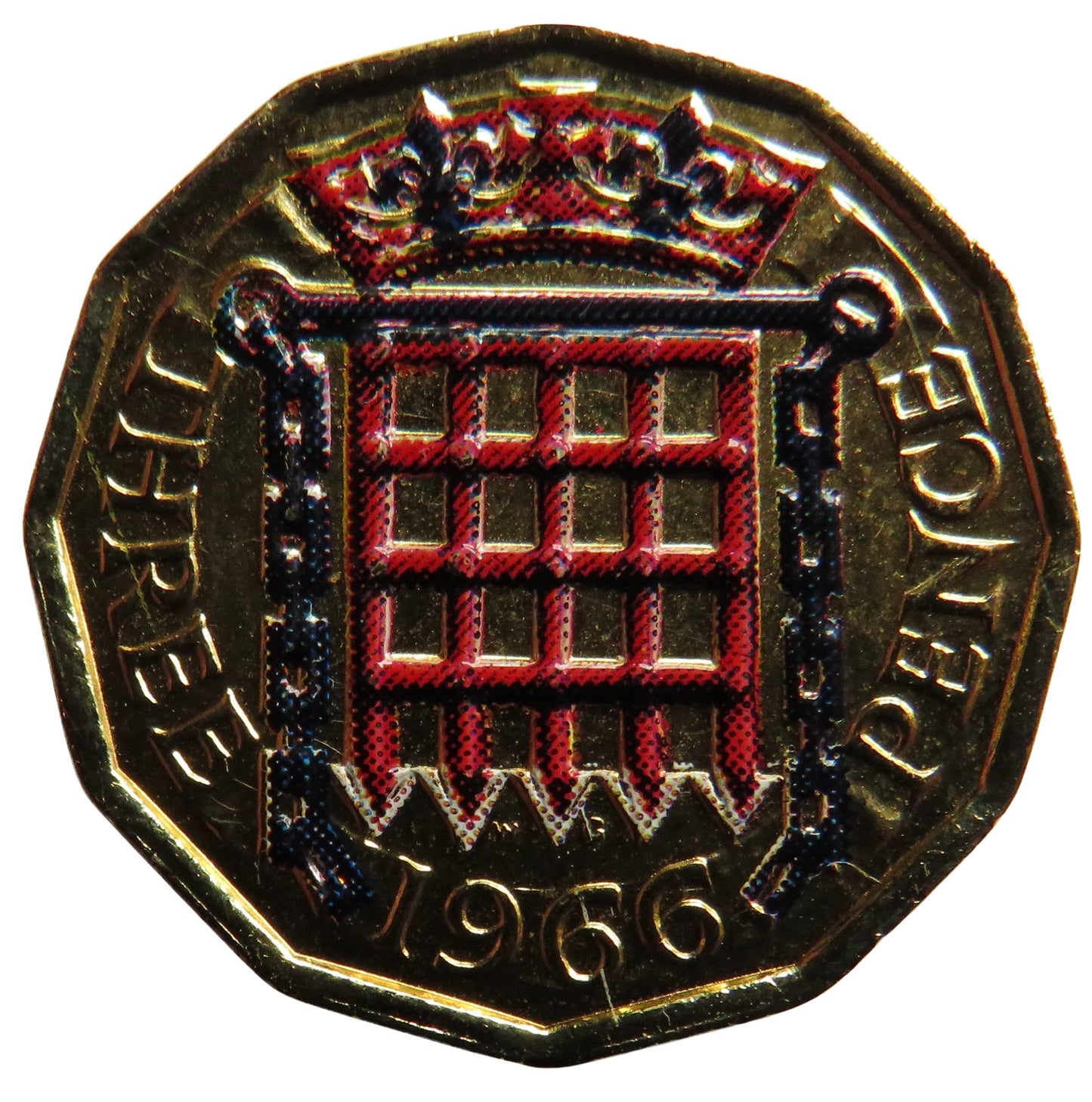 1966 Queen Elizabeth II Enamelled Brass Threepence Cin
