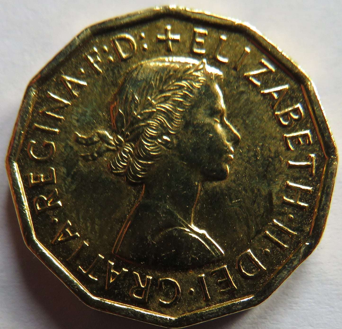 1966 Queen Elizabeth II Enamelled Brass Threepence Cin