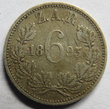 Load image into Gallery viewer, 1895 South Africa Z.A.R Silver Sixpence Coin
