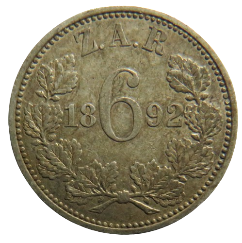 1892 South Africa Z.A.R Silver Sixpence Coin