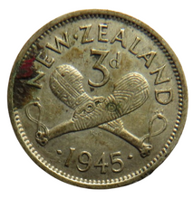 Load image into Gallery viewer, 1945 King George VI New Zealand Silver Threepence Coin
