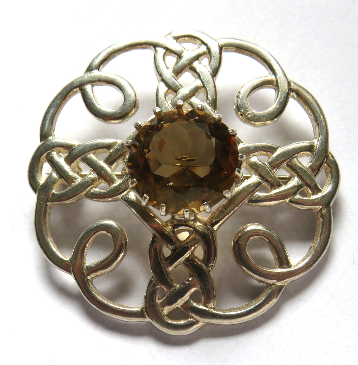 Very Nice Sterling Silver & Citrine Celtic Scottish Brooch Good Sized Brooch