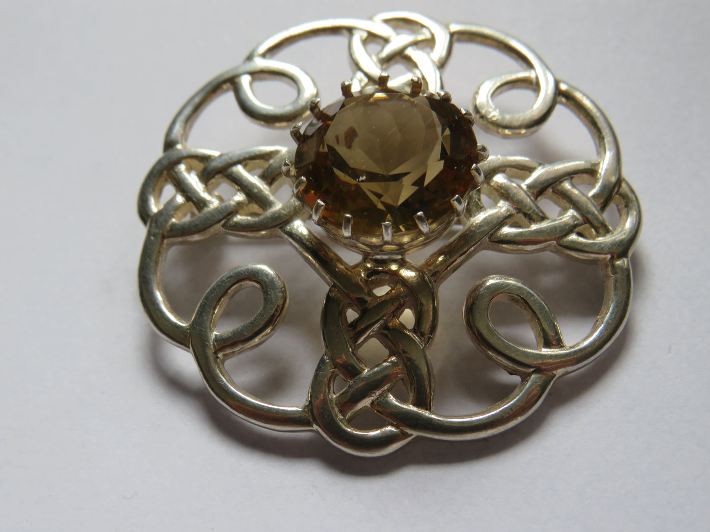 Very Nice Sterling Silver & Citrine Celtic Scottish Brooch Good Sized Brooch