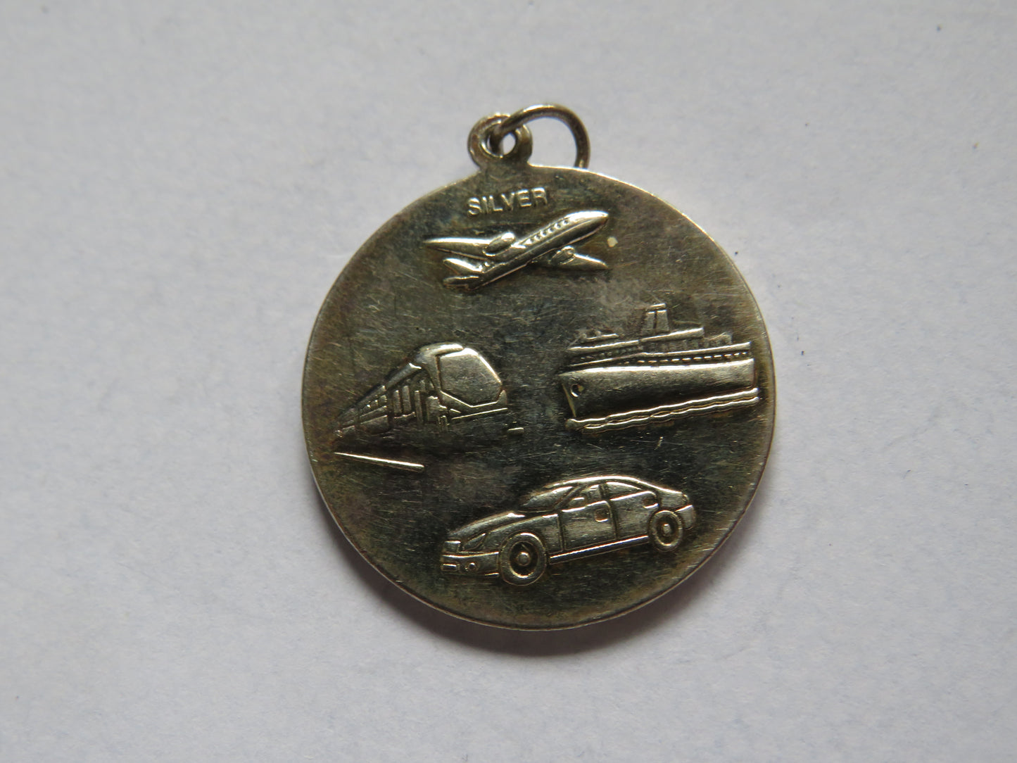 Silver St Christopher Pendant With Airplane, Train, Car, Boat Reverse