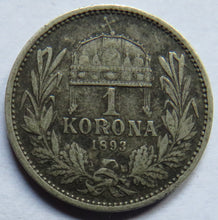 Load image into Gallery viewer, 1893 Hungary Silver One Korona Coin
