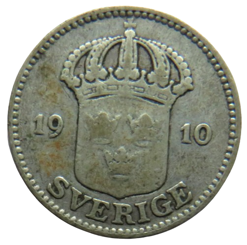 1910 Sweden Silver 25 Ore Coin