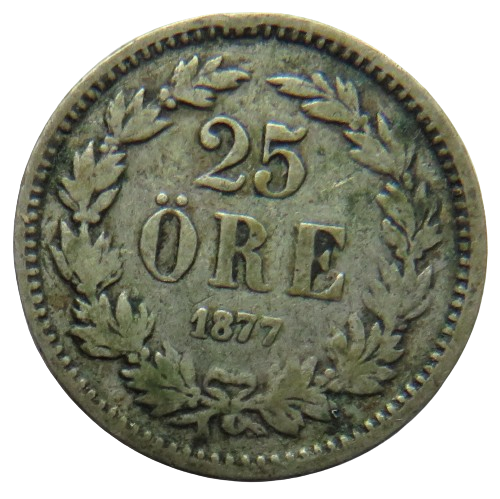 1877 Sweden Silver 25 Ore Coin