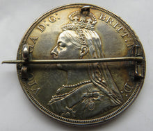 Load image into Gallery viewer, 1887 Queen Victoria Enamelled Silver Crown Coin Brooch
