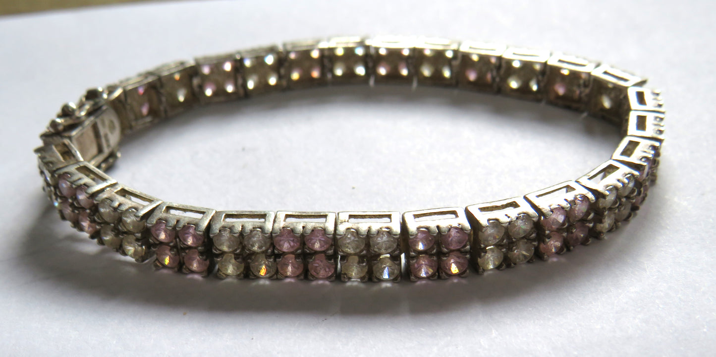 Stylish Ladies Sterling Silver & Pink & Clear CZ Stone Bracelet