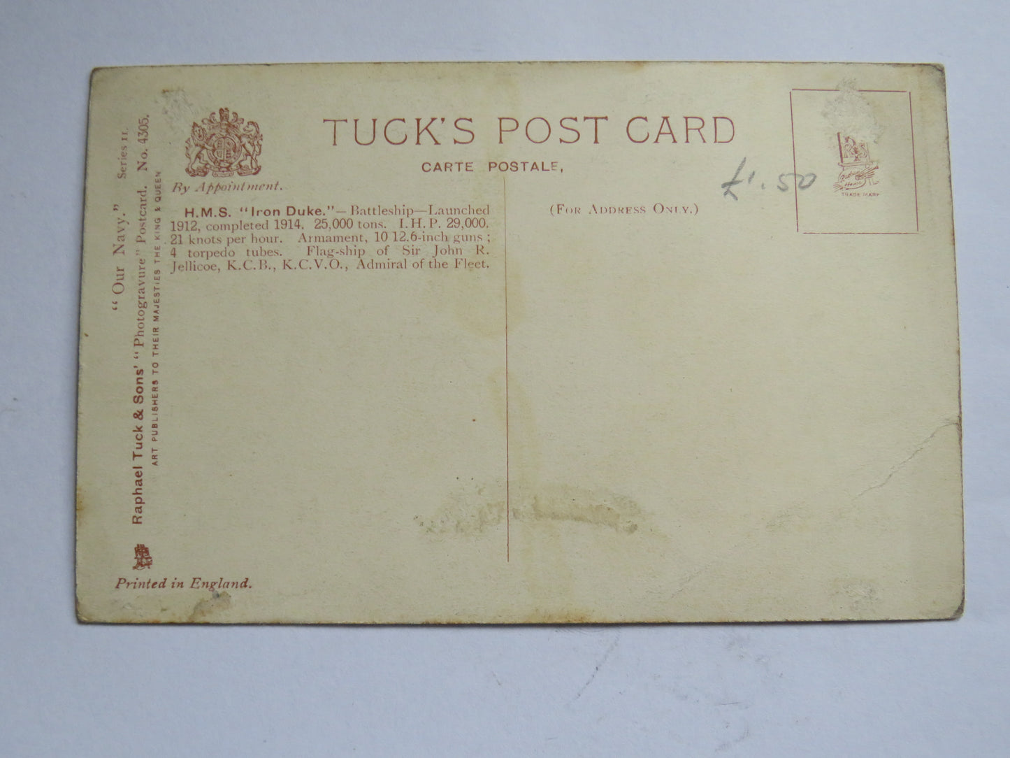 Vintage Warship Postcard of H.M.S. "Iron Duke"