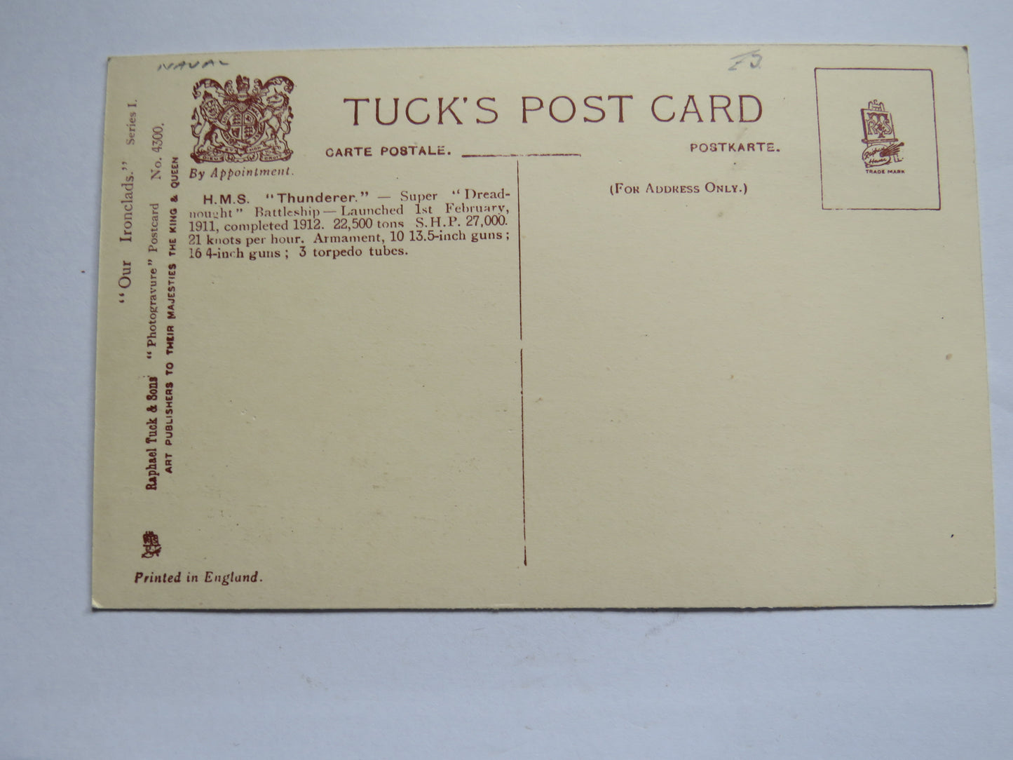 Vintage Warship Postcard of H.M.S. "Thunderer"