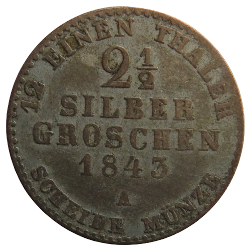 1843-A German States Prussia 2 & 1/2 Silber Groschen Coin