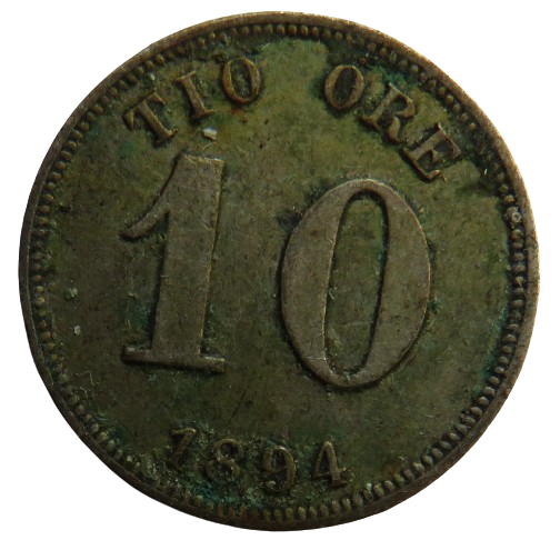 1894 Sweden Silver 10 Ore Coin