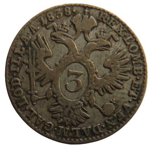 1838-C Austria Silver 3 Kreuzer Coin
