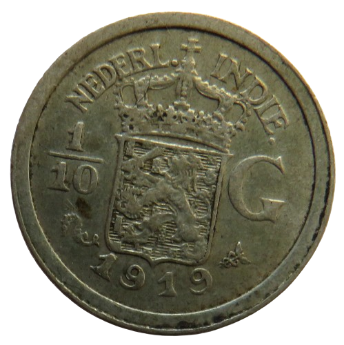 1919 Netherlands East Indies 1/10 Gulden Coin