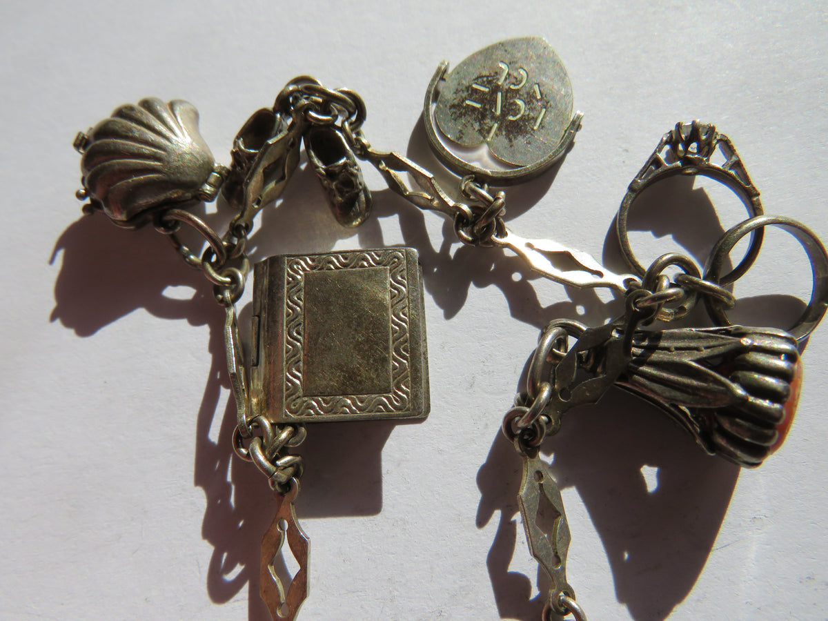 Vintage Silver Charm Bracelet With 6 Charms