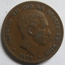 Load image into Gallery viewer, 1878 Spain 10 Centimos Coin

