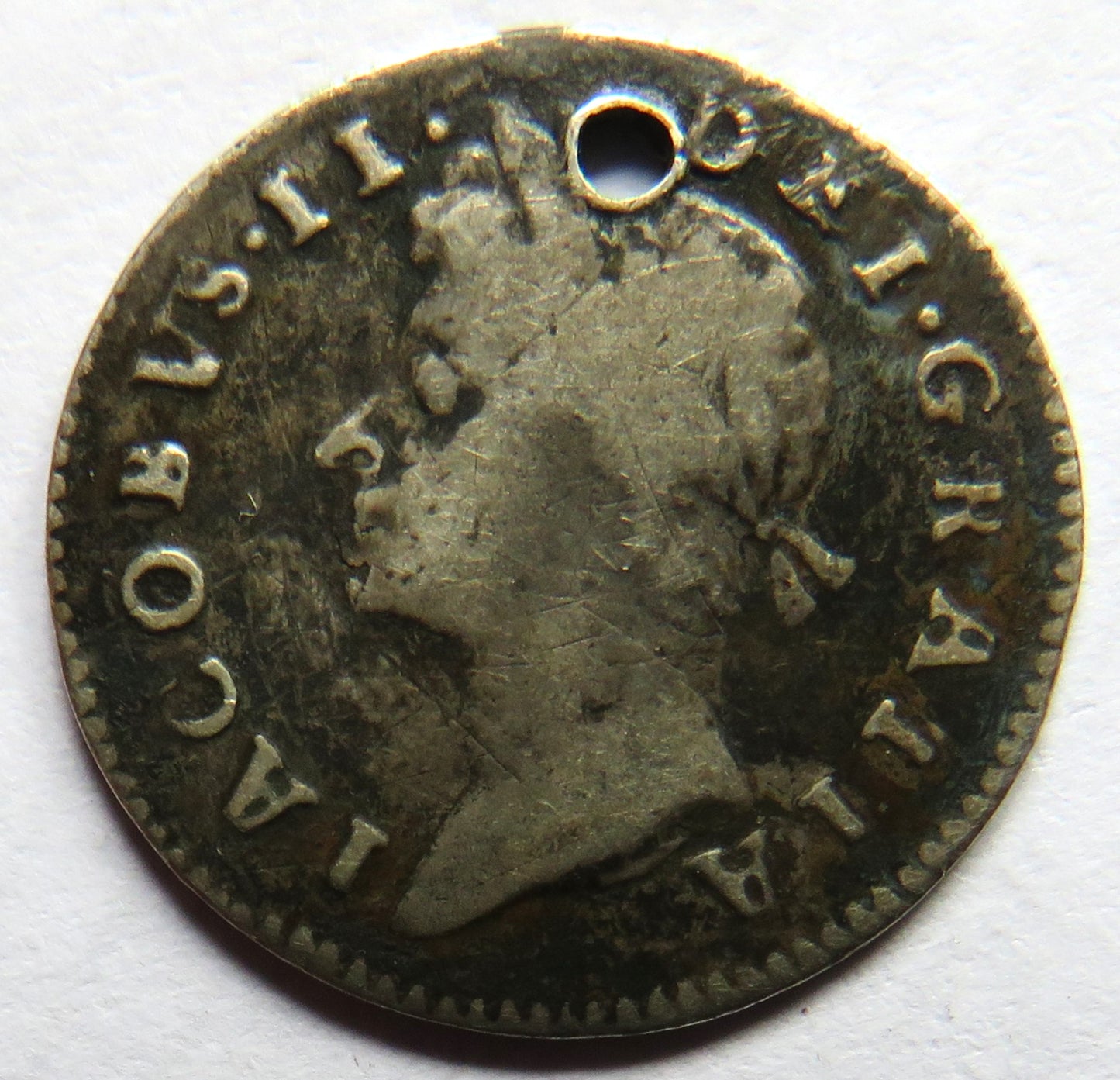 1687 King James II Silver Maundy Threepence Coin (Holed)