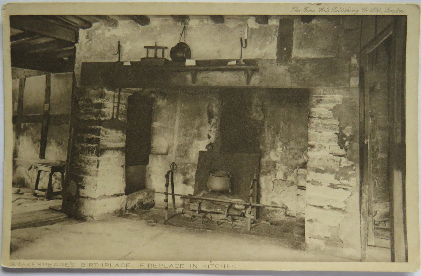 Vintage Postcard of Shakespeare's Birthplace: Fireplace In Kitchen